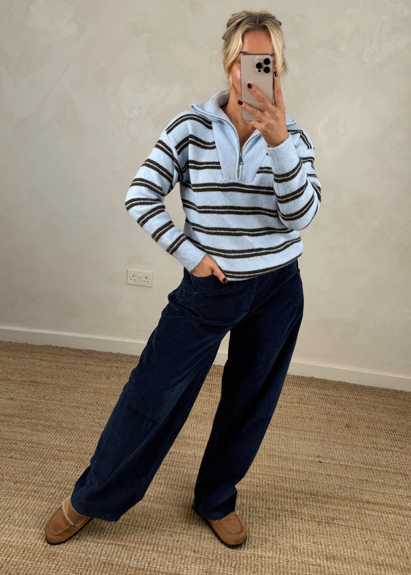 Jodie striped half zip knit - sky blue-The Style Attic