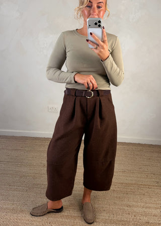 Josie barrel leg trouser - Chocolate-The Style Attic