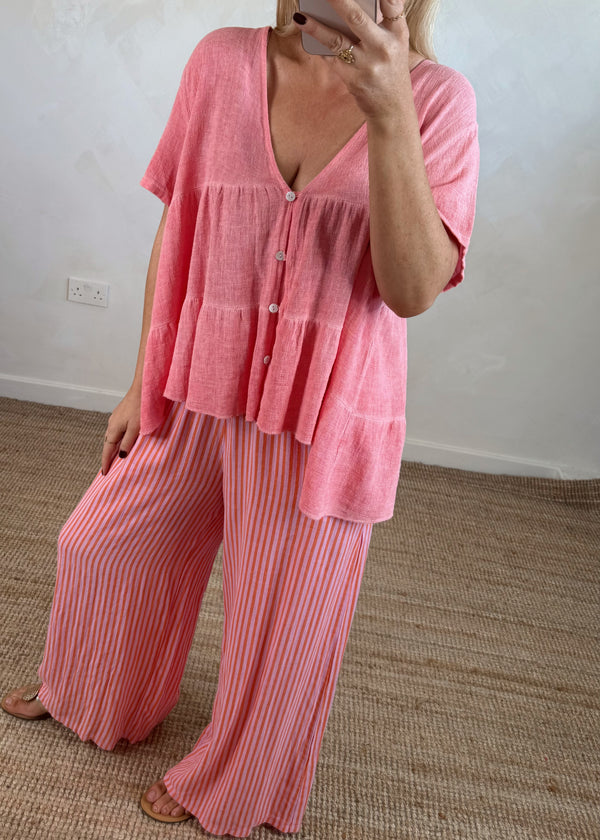 Josie linen blend button top - coral-The Style Attic