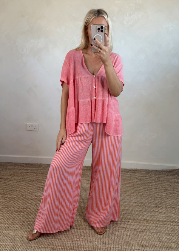 Josie linen blend button top - coral-The Style Attic