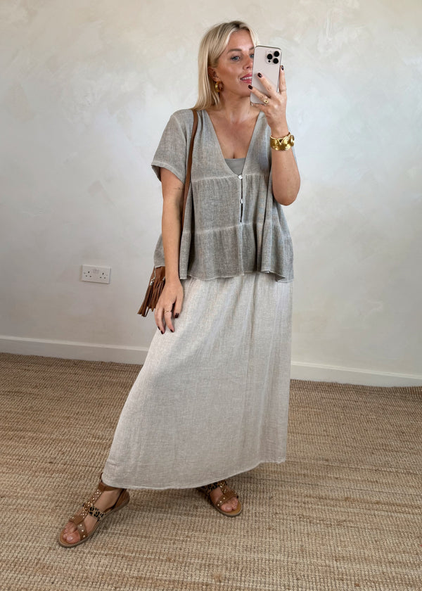 Josie linen blend button top - greige-The Style Attic
