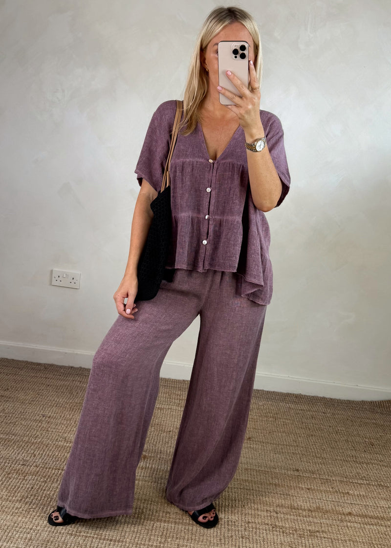 Josie linen blend button top - heather-The Style Attic