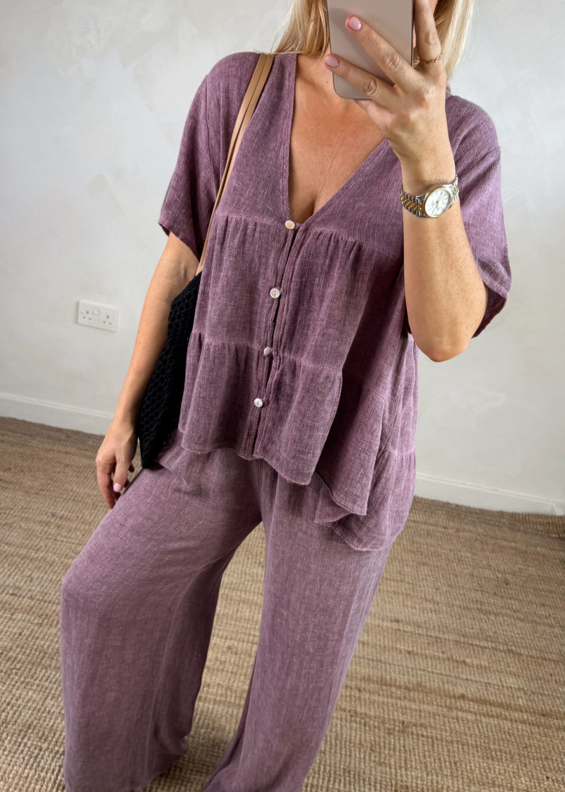Josie linen blend button top - heather-The Style Attic