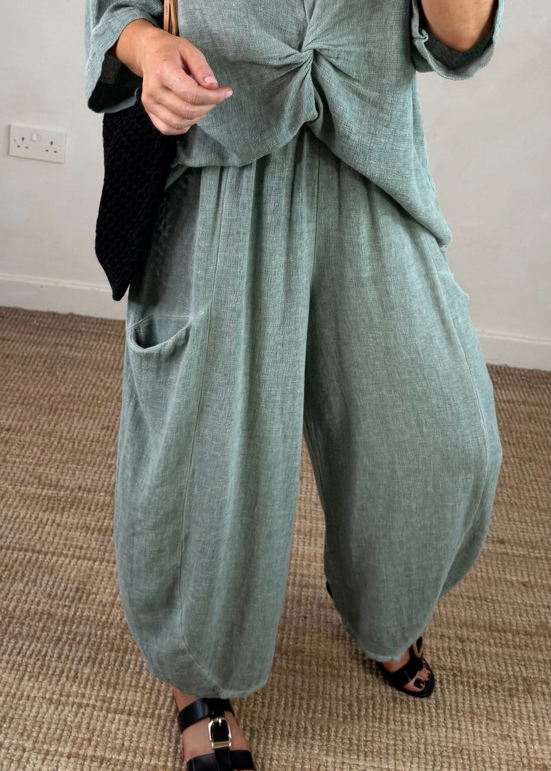 Junie barrel leg linen trouser - sage-The Style Attic