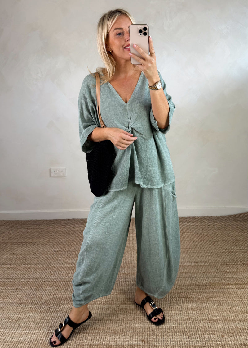 Junie barrel leg linen trouser - sage-The Style Attic