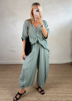 Junie barrel leg linen trouser - sage-The Style Attic