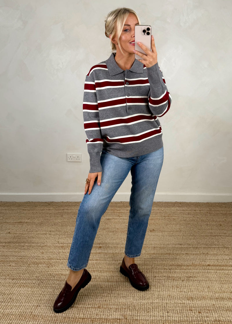 Kingston rugby knit - grey/merlot-The Style Attic