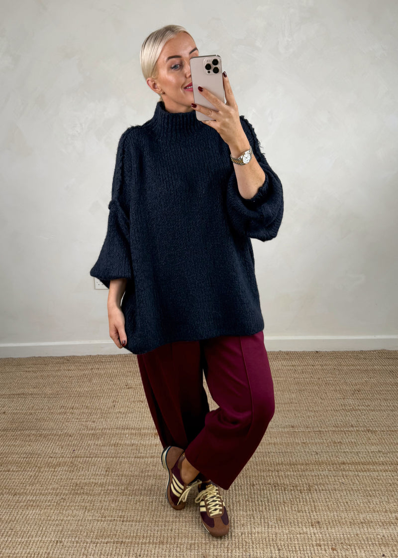 Kurt high neck grunge knit - navy-The Style Attic