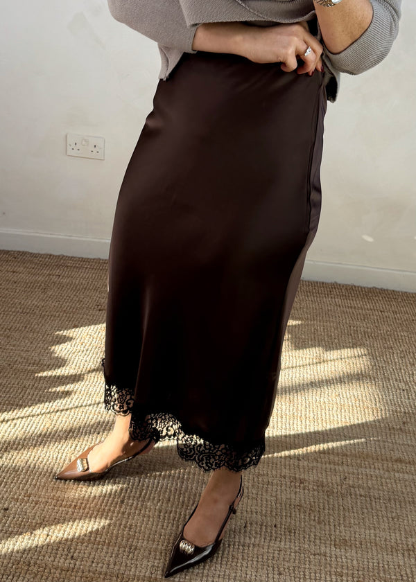 Lace trim slip skirt - chocolate-The Style Attic