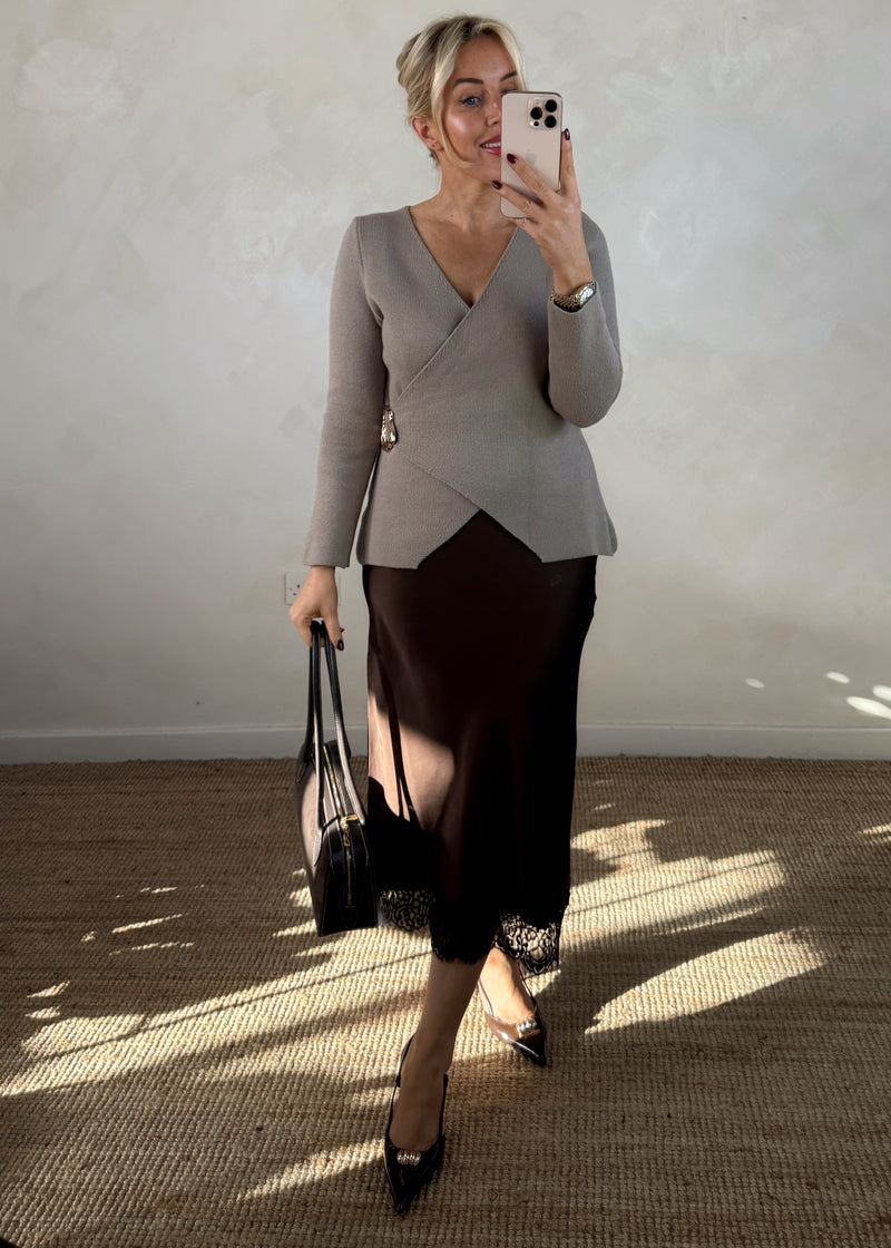 Lace trim slip skirt - chocolate-The Style Attic