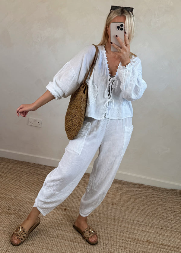 Lacey cheesecloth tie front - white-The Style Attic