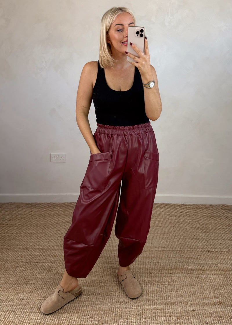 Leather look Moda pants - Merlot-The Style Attic
