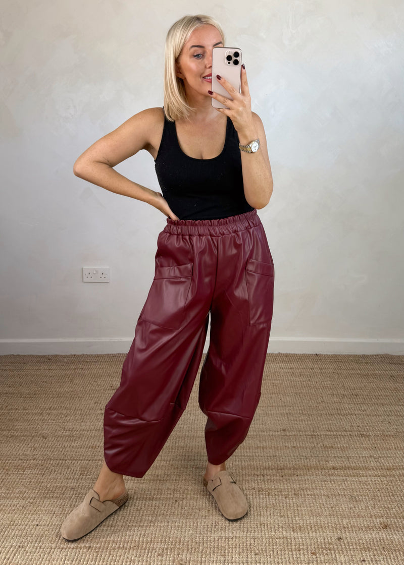 Leather look Moda pants - Merlot-The Style Attic