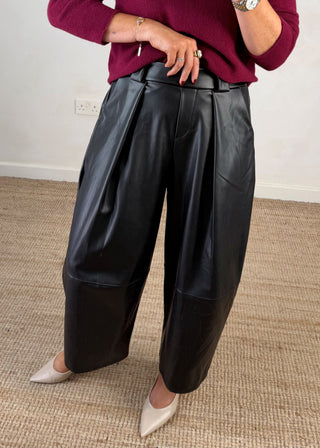 Leather look belted barrel leg trouser - Black-The Style Attic