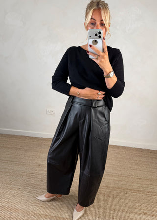 Leather look belted barrel leg trouser - Black-The Style Attic