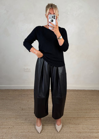 Leather look belted barrel leg trouser - Black-The Style Attic