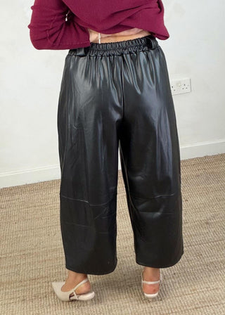 Leather look belted barrel leg trouser - Black-The Style Attic
