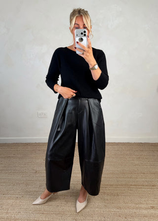 Leather look belted barrel leg trouser - Black-The Style Attic