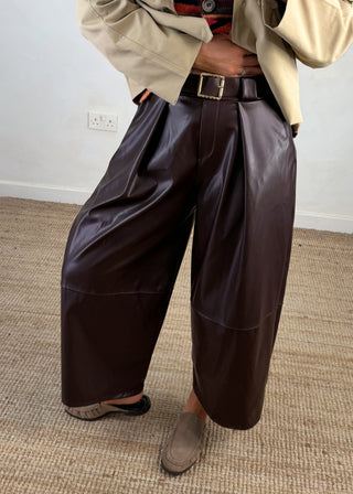 Leather look belted barrel leg trouser - Brunette-The Style Attic