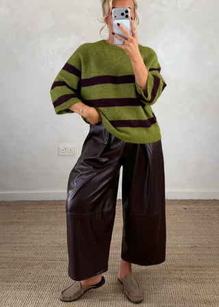 Leather look belted barrel leg trouser - Brunette-The Style Attic