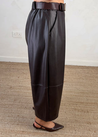 Leather look belted barrel leg trouser - Chocolate-The Style Attic