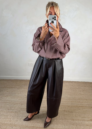 Leather look belted barrel leg trouser - Chocolate-The Style Attic