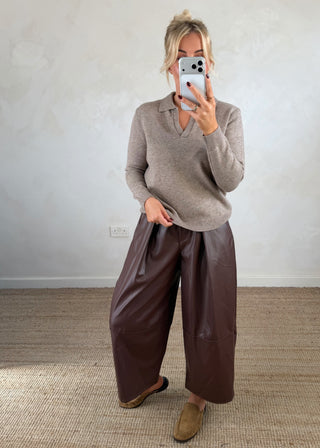 Leather look belted barrel leg trouser - Coffee-The Style Attic