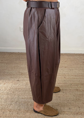 Leather look belted barrel leg trouser - Coffee-The Style Attic