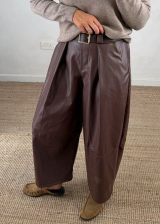 Leather look belted barrel leg trouser - Coffee-The Style Attic