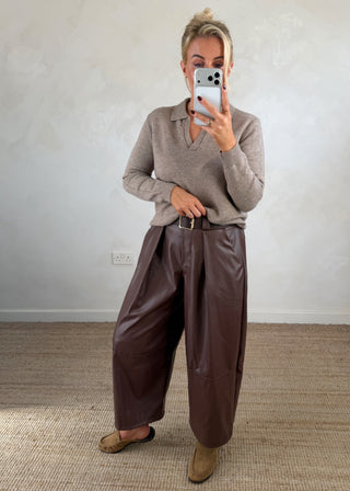 Leather look belted barrel leg trouser - Coffee-The Style Attic