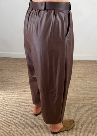 Leather look belted barrel leg trouser - Coffee-The Style Attic
