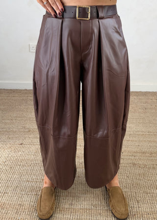 Leather look belted barrel leg trouser - Coffee-The Style Attic