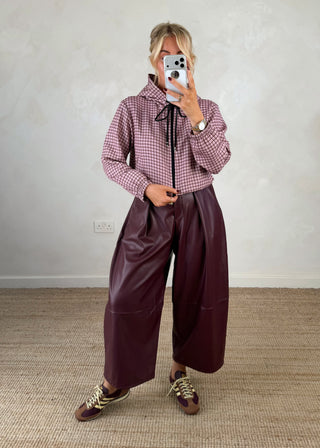 Leather look belted barrel leg trouser - Merlot-The Style Attic