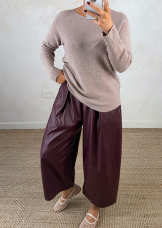 Leather look belted barrel leg trouser - Merlot-The Style Attic