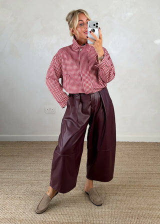 Leather look belted barrel leg trouser - Merlot-The Style Attic