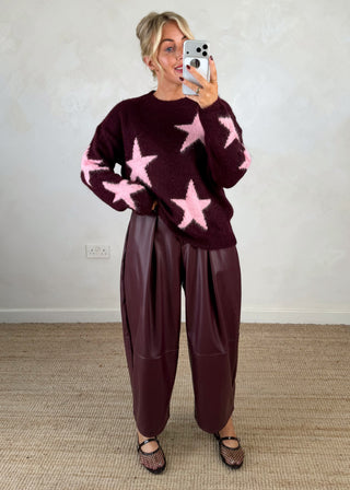 Leather look belted barrel leg trouser - Merlot-The Style Attic