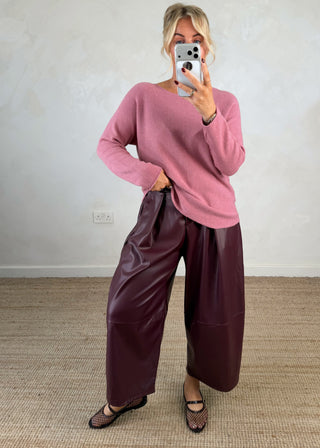 Leather look belted barrel leg trouser - Merlot-The Style Attic