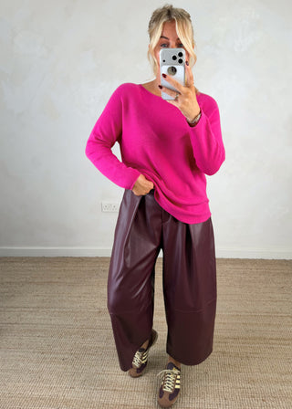 Leather look belted barrel leg trouser - Merlot-The Style Attic