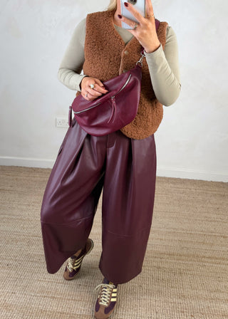 Leather look belted barrel leg trouser - Merlot-The Style Attic