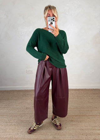Leather look belted barrel leg trouser - Merlot-The Style Attic