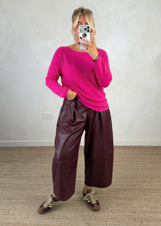 Leather look belted barrel leg trouser - Merlot-The Style Attic