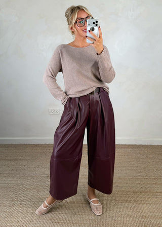 Leather look belted barrel leg trouser - Merlot-The Style Attic