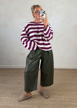 Leather look belted barrel leg trouser - Olive-The Style Attic