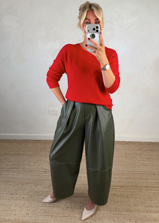 Leather look belted barrel leg trouser - Olive-The Style Attic