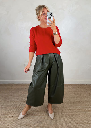 Leather look belted barrel leg trouser - Olive-The Style Attic