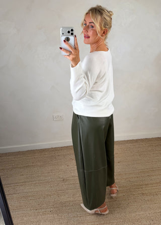 Leather look belted barrel leg trouser - Olive-The Style Attic