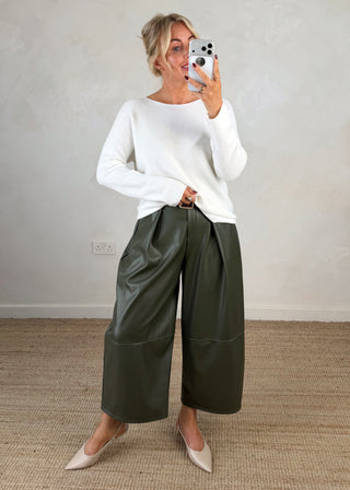Leather look belted barrel leg trouser - Olive-The Style Attic