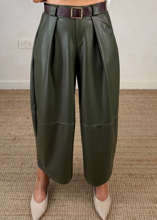 Leather look belted barrel leg trouser - Olive-The Style Attic