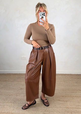 Leather look belted barrel leg trouser - Tan-The Style Attic