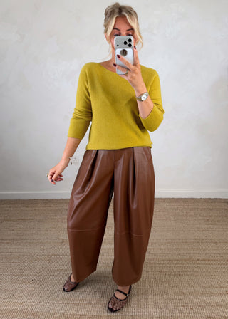 Leather look belted barrel leg trouser - Tan-The Style Attic